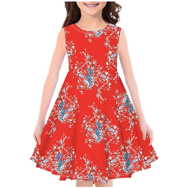 Zwiiyzr Robe d'Été pour Petites Filles 4-14 Ans Col Rond Sans Manches Robe Décontractée Florale Ligne A Rouge
