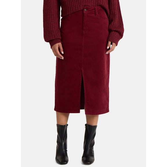 Time and Tru Women's Corduroy Midi Skirt with Front Slit, Sizes 0-20