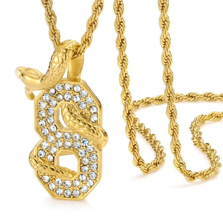 RapzGz Men's Iced Out Mamba 8 Pendant Necklace, 24'' Stainless Steel Snake Chain, Gold/Black/Rainbow Hip Hop Sports Jewelry, Ideal Gift for Him & Her