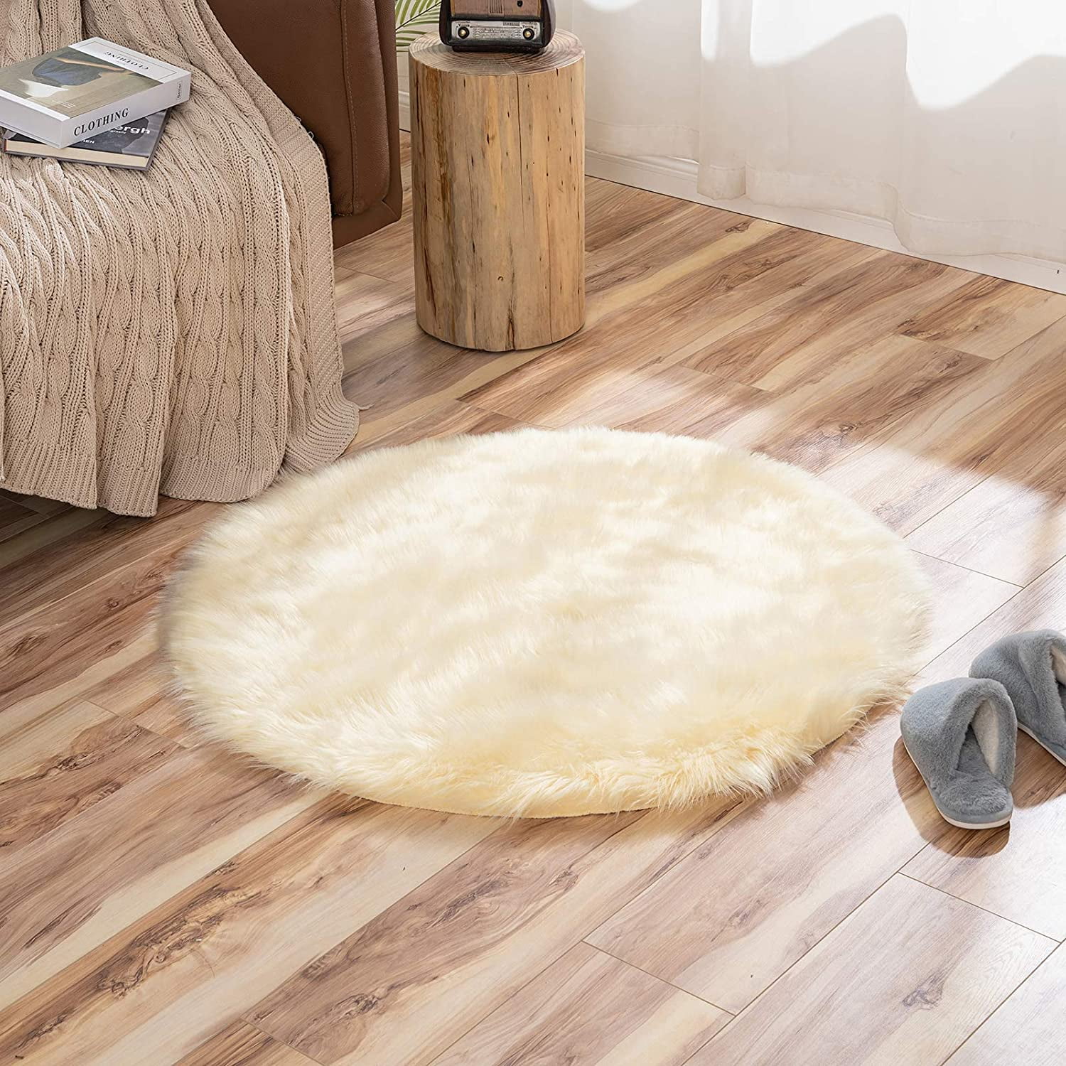 Sanmadrola Shag Area Rug, 3x3 Round Beige Yellow Indoor Ultra Soft Plush Rugs for Living Room, Non-Skid Modern Nursery Faux Fur Rugs for Kids Room Home Decor