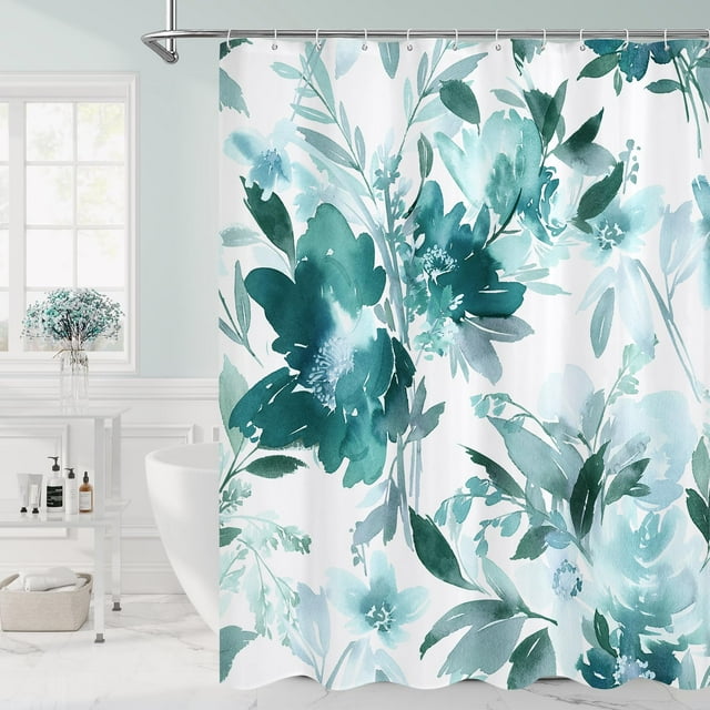 Cortina de ducha Litabel verde azulado con estampado floral, 180 x 180 cm