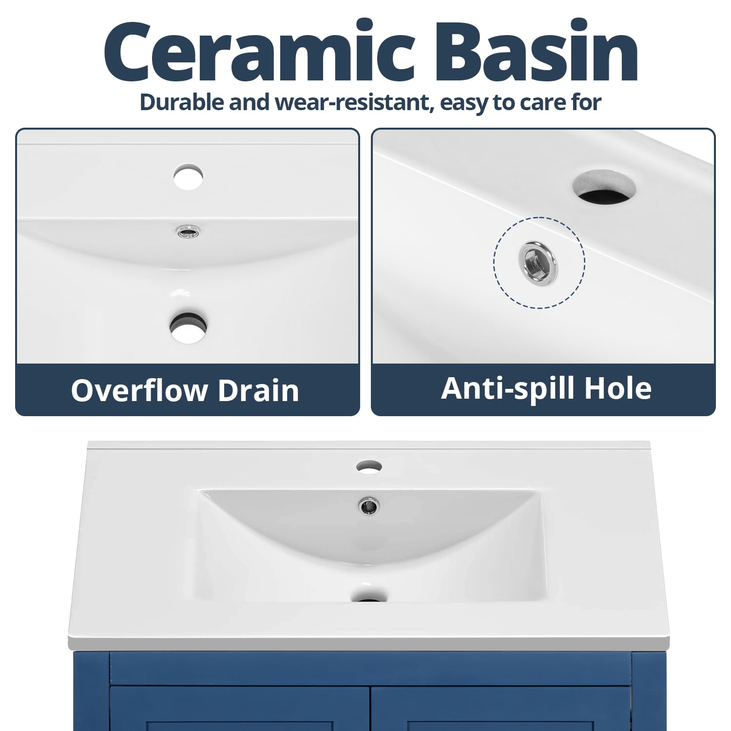 30" Bathroom Vanity with 1 Hole Ceramic Sink, Freestanding Single Basin Vanity Set with Drawer and 2 Doors, Solid Wood Frame, Dark Blue