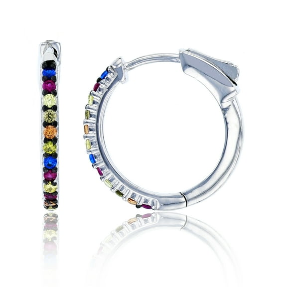 Decadence Sterling Silver Black & White 20x2mm One-Row Pave Multi Color Hoop Earring with Safety Lock