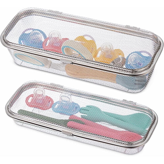 ABPETE 2 Pack Stainless Steel Dishwasher Basket, Replacement Utensil Mesh Drain for Small Bottle Parts, Pacifiers, and Accessories, Scoops, Forks, Chopsticks Cleaning (Large medium)