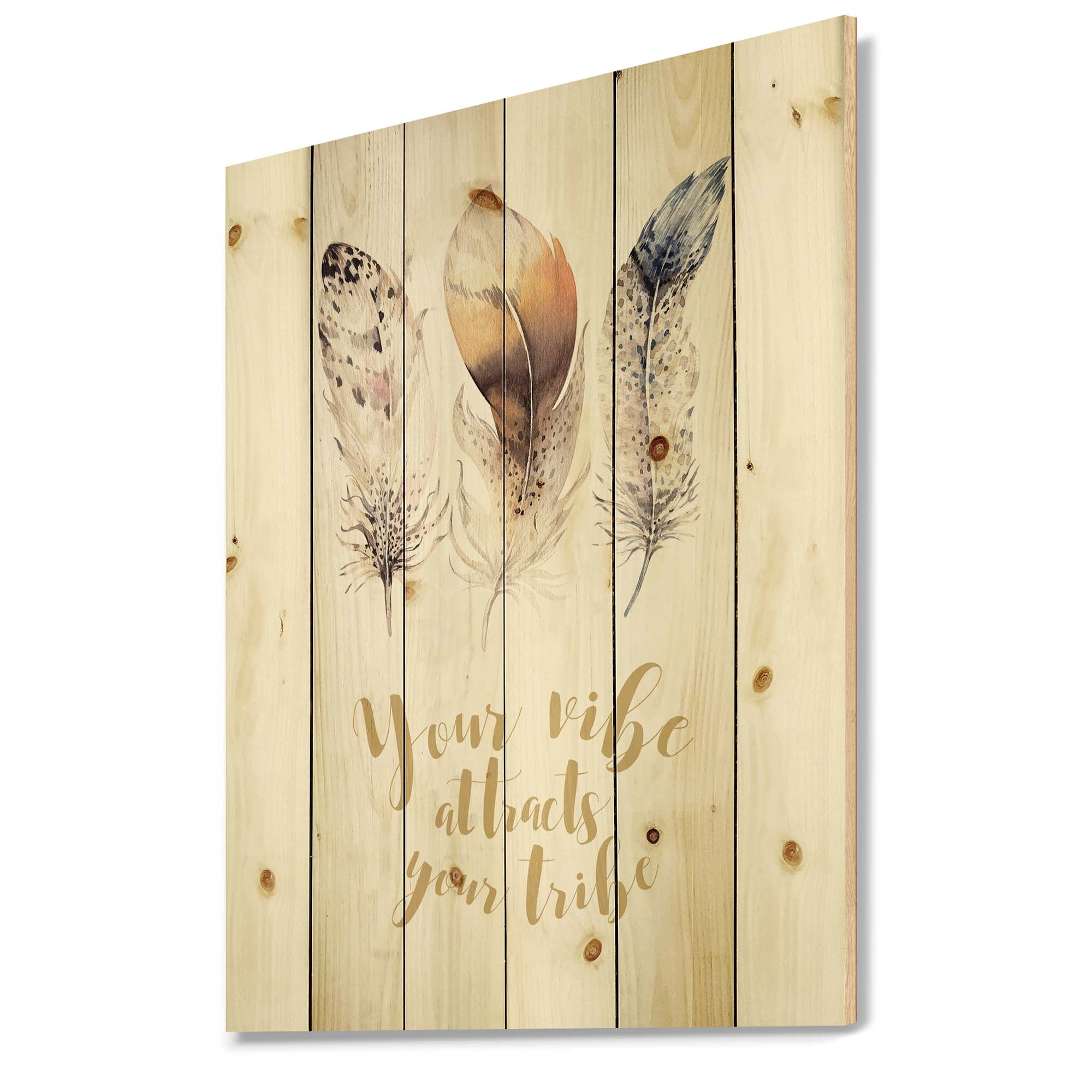 Designart 'Multicolored Ethnic Art Feathers With Inspiring Quote' Bohemian & Eclectic Print on Natural Pine Wood