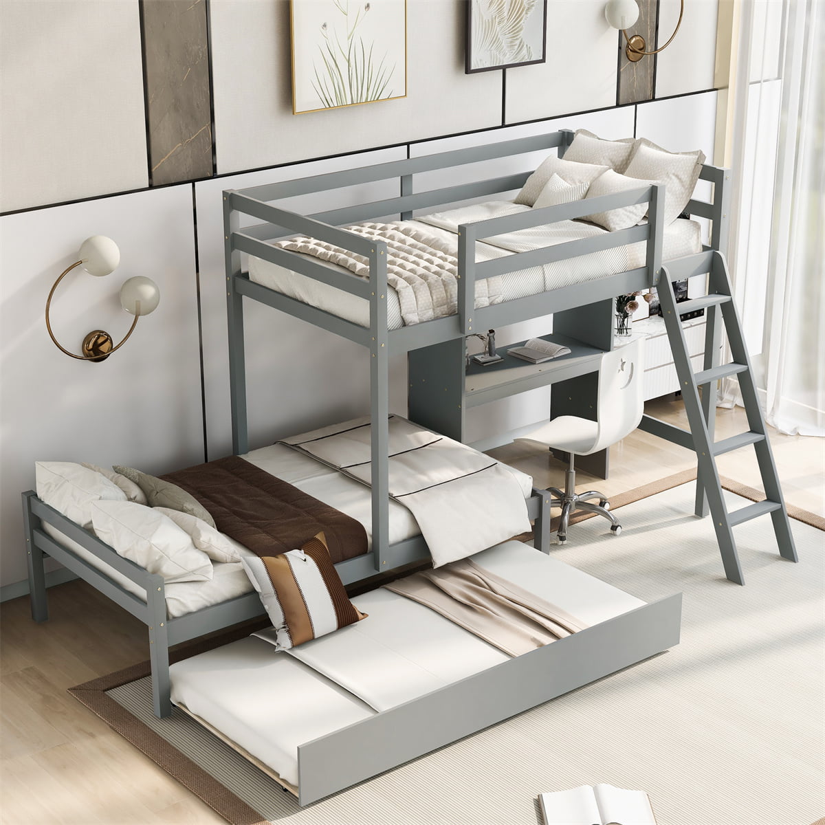 Wood Twin Over Loft Bed With Storage Drawers Ladder Convertible Down Bed Frame 
