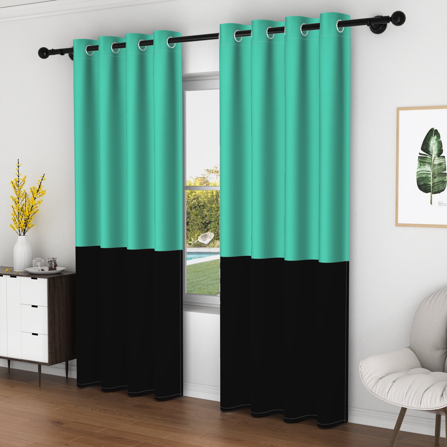 Lfeey Room Darkening Curtains, 63 inch long Blackout Curtains for Bedrooms, Cyan and Black, 2 Pieces