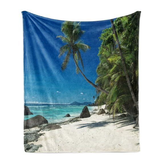 Island Soft Flannel Fleece Throw Blanket, Picturesque Photo of Exotic Sunny Beach on Island at Seychelles, Cozy Plush for Indoor and Outdoor Use, 50" x 60", Cobalt Blue and Multicolor, by Ambesonne