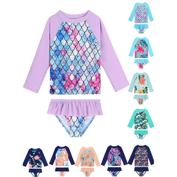Xinhuaya Kids Girl 2Pcs Swimsuits Swimwear Long Sleeve Rash Guard Tankini Bathing Suit 2-8 Years