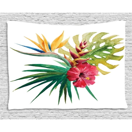 Leaf Orchid Flower - Floral Decor Tapestry, Wild Tropical Orchid Flower with Large Leaves Exotic Petals Picture, Wall Hanging for Bedroom Living Room Dorm Decor, 80W X 60L Inches, Ruby Forest Green, by Ambesonne
