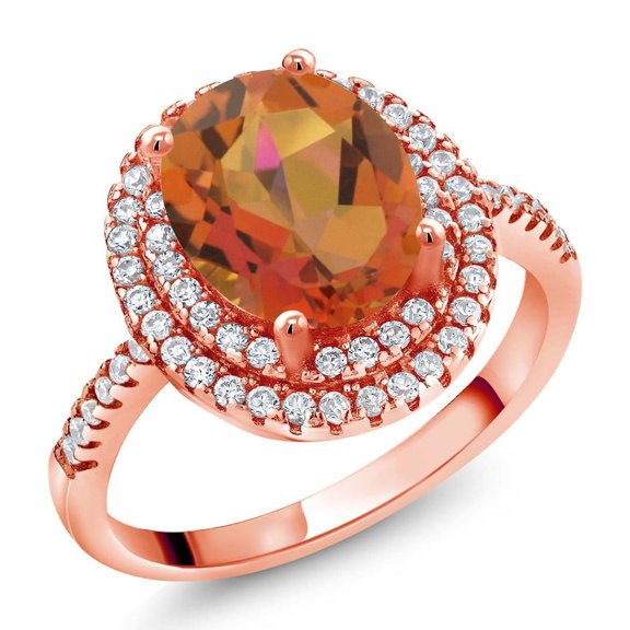 Gem Stone King 18K Rose Gold Plated Silver Halo Engagement Ring Mystic Quartz Moissanite (2.23 Cttw)