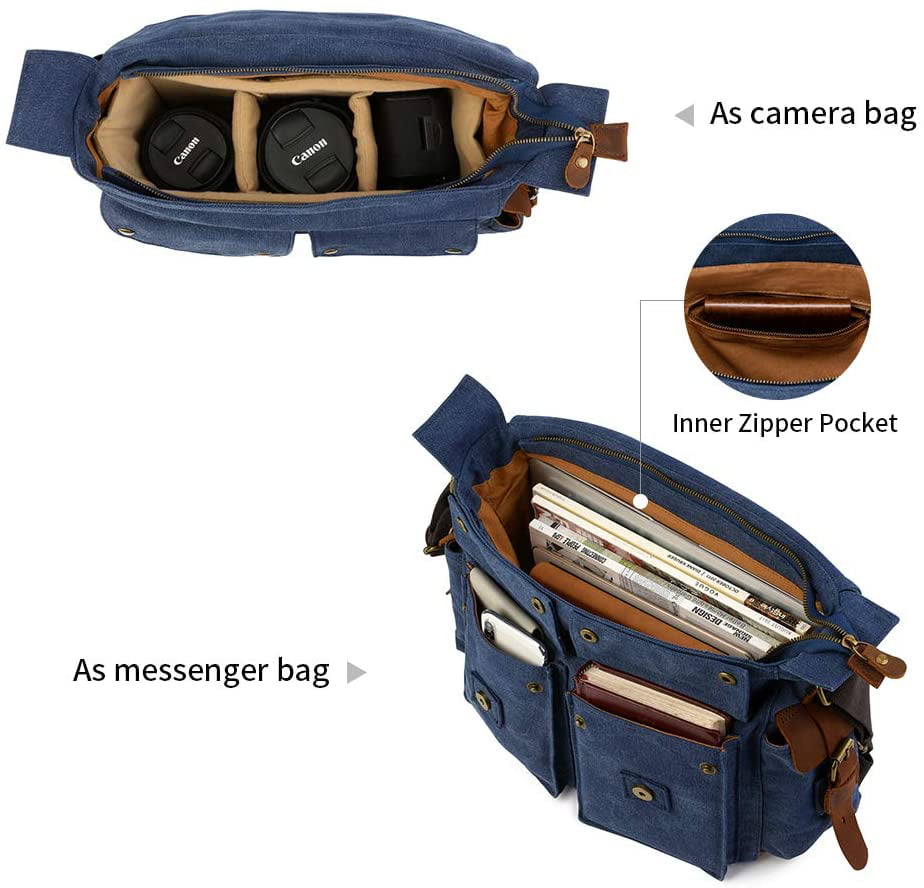 Kattee Men's Canvas Cow Leather DSLR SLR Vintage Camera Shoulder Messenger Bag Khaki