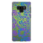DistinctInk Clear Shockproof Hybrid Case for Samsung Galaxy Note 9 - TPU Bumper, Acrylic Back, Tempered Glass Screen Protector - Green Purple Blue Floral Pattern