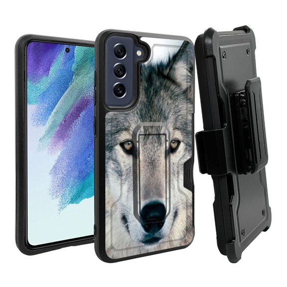 ANJ  Rugged Dual Layer Hybrid Holster Kickstand Case w/ Card Slot   Tempered Glass Cover for Samsung Galaxy S21 FE 5G - Grey Wolf