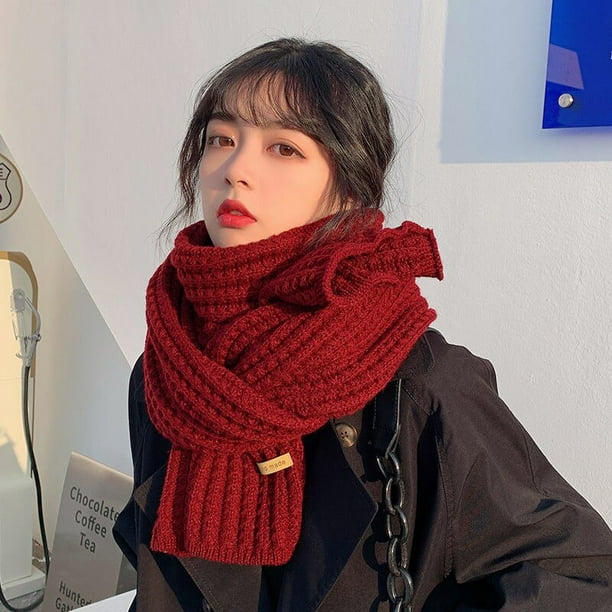 Bufanda de lana coreana para hombres y mujeres, bufandas de punto gruesas y cálidas para estudiantes, Color rojo sólido, babero, nuevo, Invierno Fivean unisex