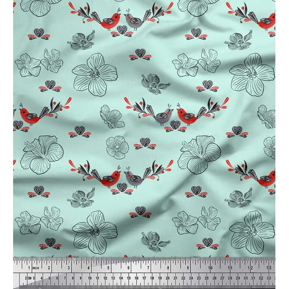 Soimoi Green polyester Crepe Fabric Floral,Heart & Bird Folk Art Printed Craft Fabric by the Yard 52 Inch Wide