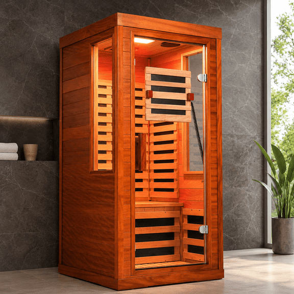 Seizeen Infrared Sauna with Red Light Lamp, 1-2 Persons Indoor Dry Sauna Room with 7 Carbon Crystal Heaters, Low EMF Okoume Wood Home Sauna Beaty Lamp, 7 Color Chromotherapy, Bluetooth Speaker, LCD T