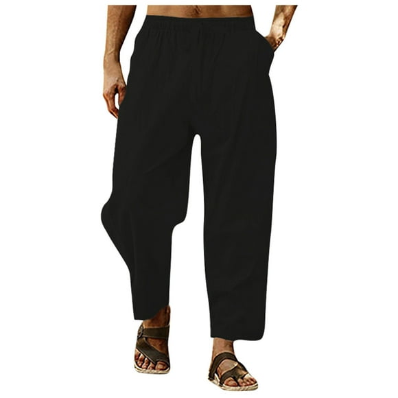 toraway Summer Cargo Pants for Men Black Men's Vintage Pocket Loose Low Waist Drawstring Linen Pants Casual Pants Jogging L