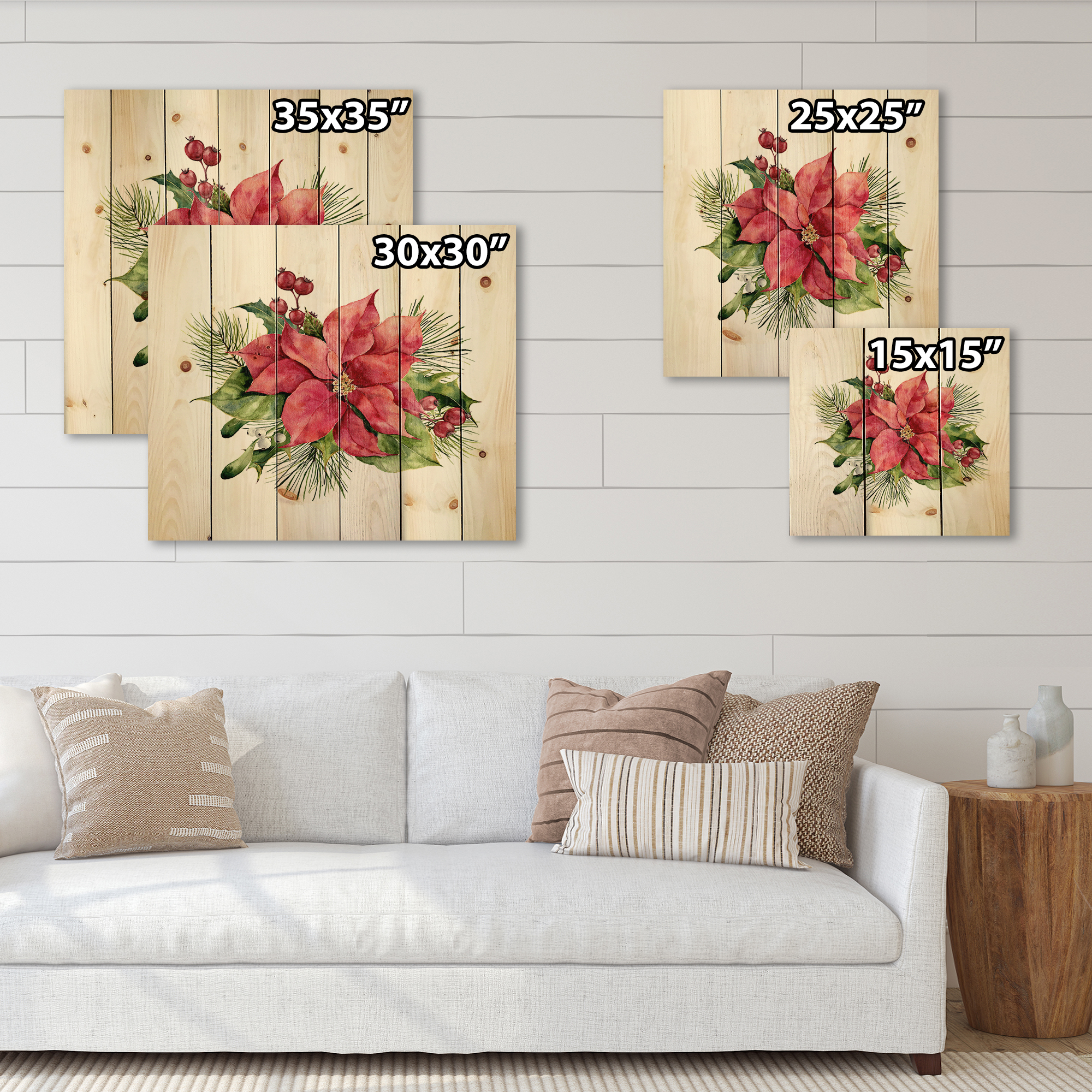 Designart 'Christmas Fir Branch and Holly Mistletoe Berries I' Traditional Print on Natural Pine Wood