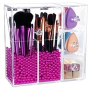 PuTwo Makeup Organizer With 2 Make Up Brush Holders and 3 Drawers All In One Case with Free Rosy Pearl