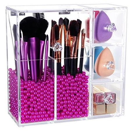 PuTwo Makeup Organizer With 2 Make Up Brush Holders and 3 Drawers All In One Case with Free Rosy Pearl