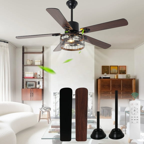 Cusp Barn 52" Industrial Reversible Ceiling Fan with Remote and 3 Lights, DC Motor 6 Speeds Ceiling Fan for Living Room, Wooden Ceiling Fan