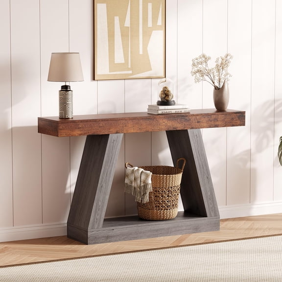 Industrial Narrow Entryway Table – Farmhouse Style 2-Tier Wood Console with Open Storage Shelf, Trapezium Legs, 55.1" Length for Hallway, Living Room, Entrance