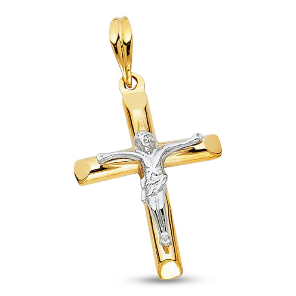 Budded Jesus Cross Pendant Solid 14k Yellow White Gold Crucifix Charm Two Tone 29 x 23 mm