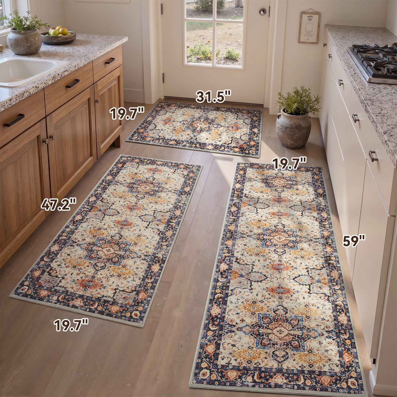 SIXHOME 3-Piece Kitchen Rugs and Runner Set Washable Vintage Kitchen Mat Non-Slip Low-Profile Rugs for Kitchen Sink Laundry Bedside 20"x32"+20"x48"+20"x59" Colorful