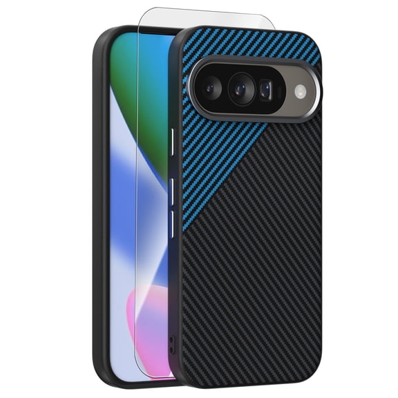 Dteck Magnetic Case with Tempered Glass Screen Protector for Google Pixel 9 / 9 Pro,Shockproof Carbon Fiber Texture PC TPU Case Compatible with Mag Safe Back Cover for Google Pixel 9 / 9 Pro ,Blue