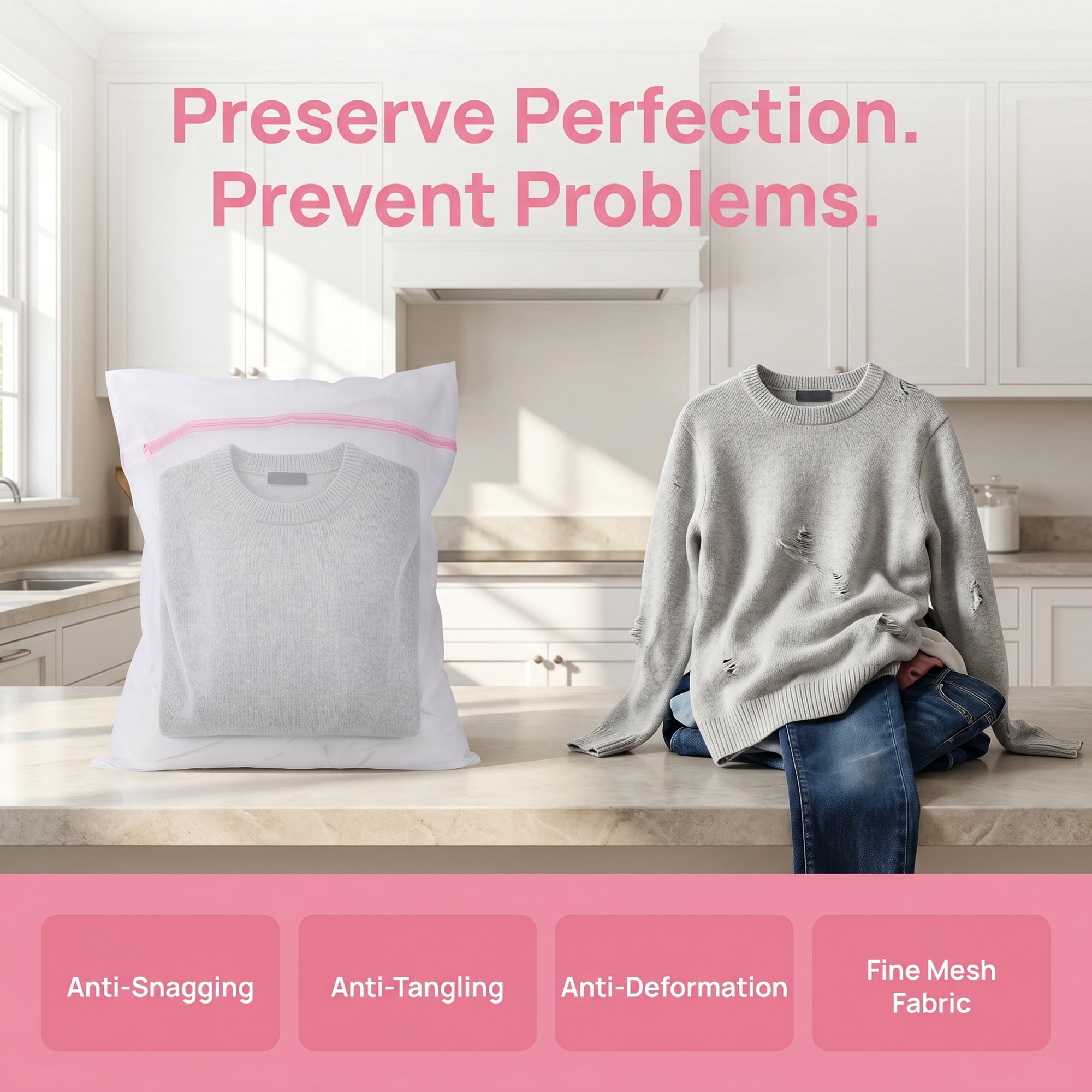 Unique Bargains 3Pcs Durable Mesh Zipper Closure Laundry Bag White-Pink 15.7" x 19.7"