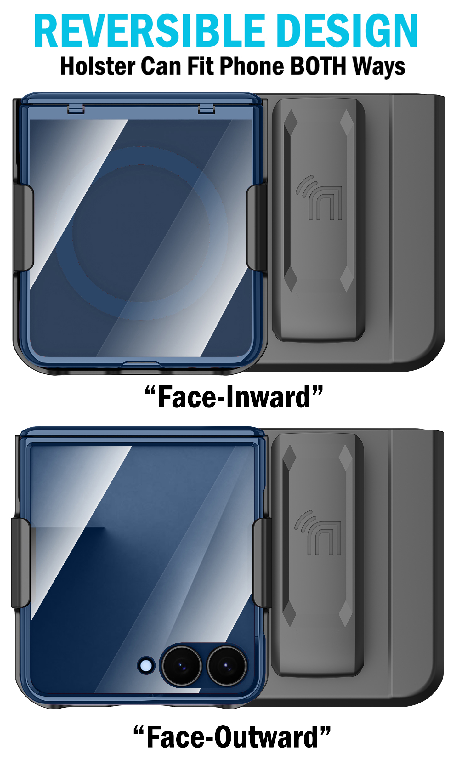 Nakedcellphone Electro Combo for Samsung Galaxy Z Flip 7 Phone Case with Belt Clip Holster Holder - Built-In Screen Protector - Hinge Cover - Compatible with MagSafe - Blue/Clear