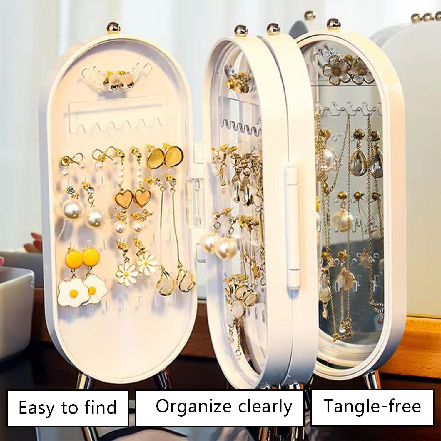 Earring Organizer Box, Jewelry Holder Organizer for Necklace Earrings Rings Bracelets,Large Jewelry Organizer With 4-Layer Dustproof 153 Stud Earrings Hanging Hole 21 Necklace Groove 3 "U" Groove
