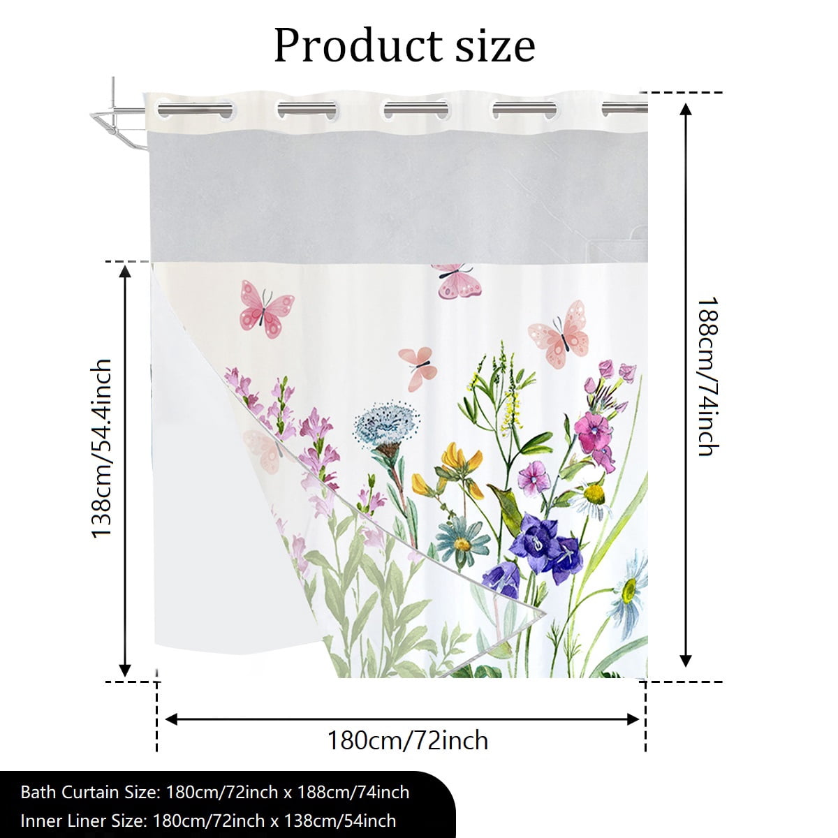 Dznils White No Hook Fabric Shower Curtain with Snap-in Liner, 72" x 74", Pink Floral Patterned