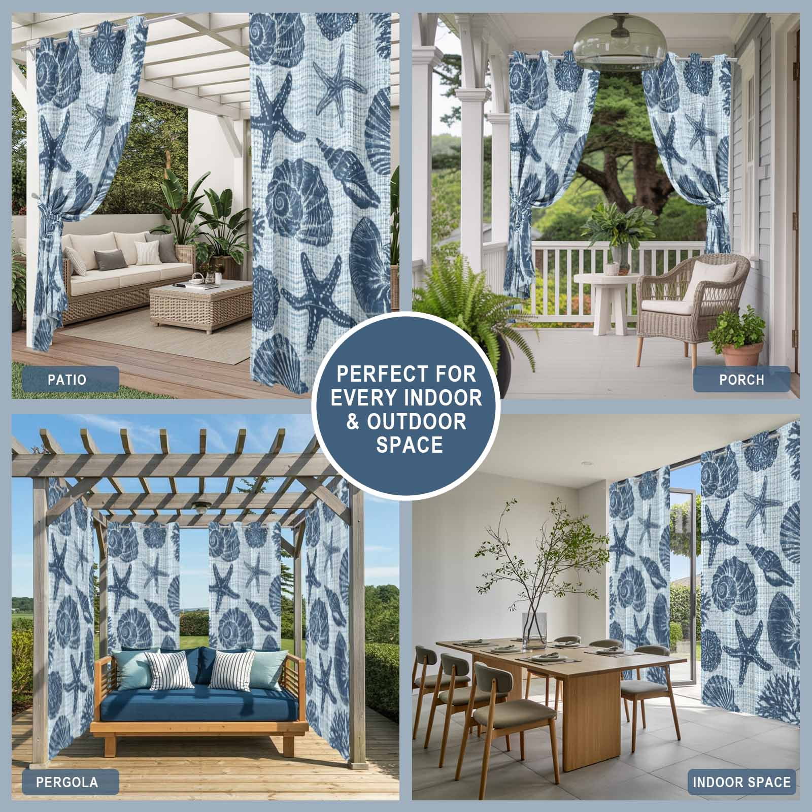 Marine Life Outdoor Curtains for Patio, Navy Starfish Conch Coral Linen Texture Ocean Sunshade Privacy Drapes Grommet Waterproof Outside Curtains for Porch/Cabana/Balcony 54"x 108", 1 Panel