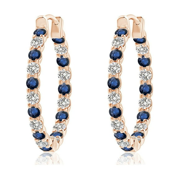 ANGARA Natural Sapphire & Diamond Inside Out Hoop Earrings in 14K Rose Gold for Women (Size-1.7mm) | September Birthstone, Anniversary, Jewelry Gift for Women | Natural Blue Sapphire Earrings