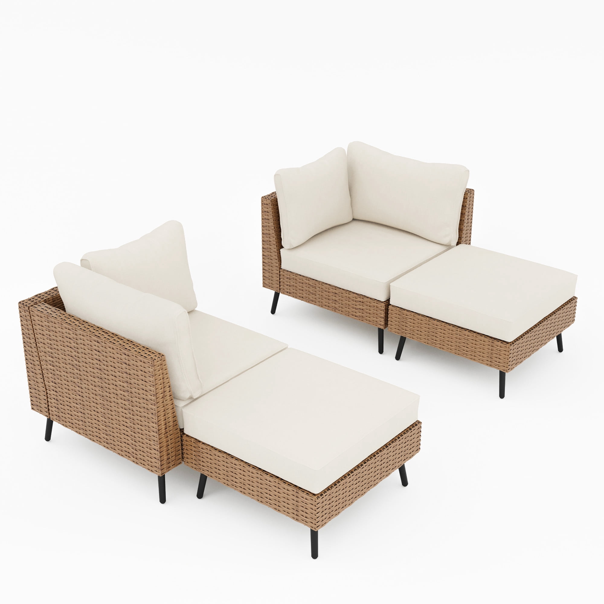 LAUSAINT HOME 4 Pieces Outdoor Furniture Set, Patio Rattan Wicker Sectionals with 2 Chairs and 2 Ottomans, Beige Cushions
