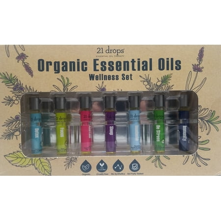 ($29 Value) 21 Drops Organic Essential Oils Wellness Set 7 Blends, 0.27 Fl
