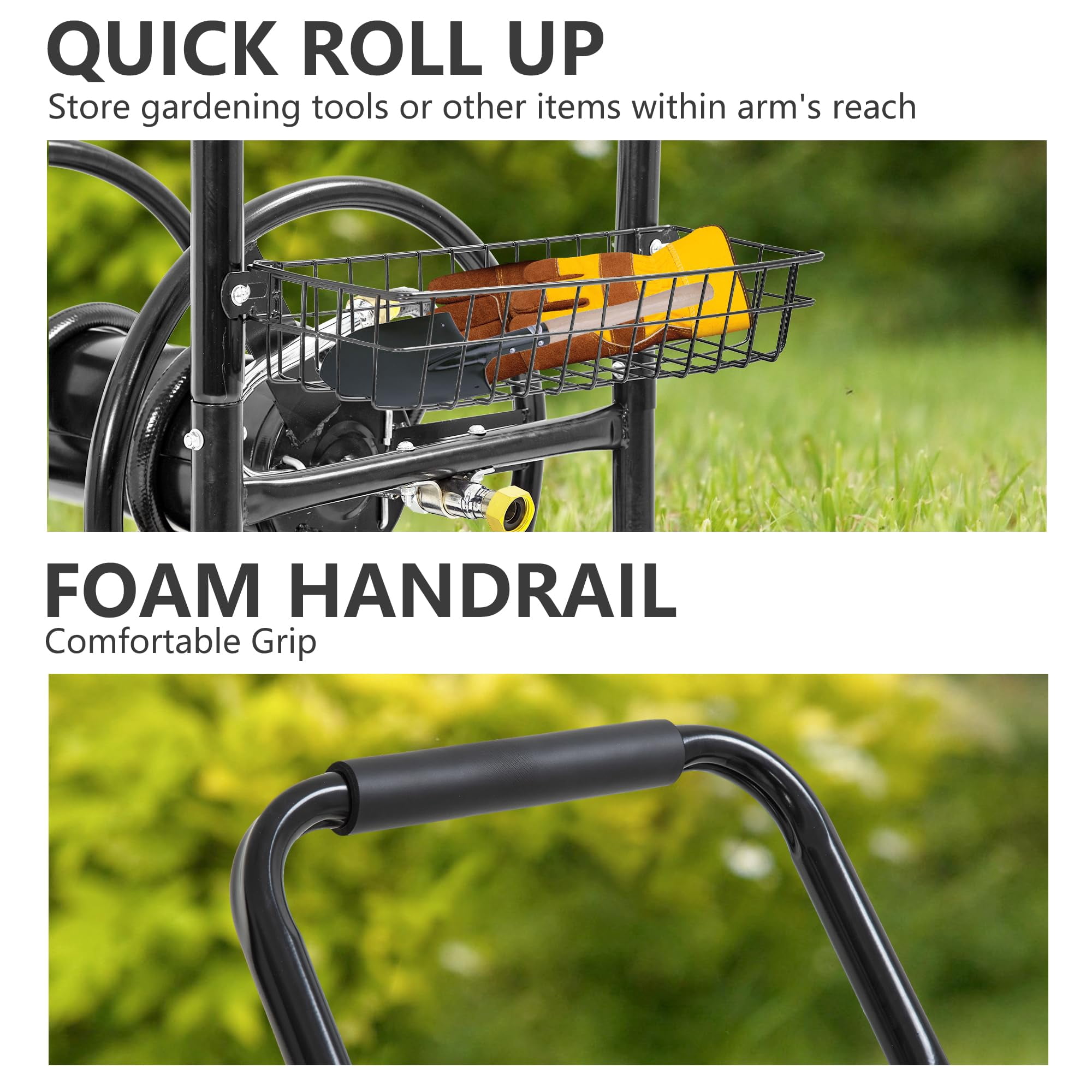 Hose Reel Cart, Hold Up To 300 Ft of 5/8" Hose, Garden Water Hose Carts Mobile Tools with Wheels and Storage Basket, Heavy Duty, for Garden, Yard, Lawn Outdoor Planting, Black