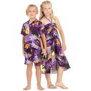 Matching Boy and Girl Siblings Hawaiian Luau Outfits in Sunset Red and Blue