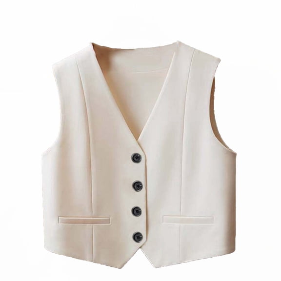 Rrxhxhs Womens Vest Solid Color V Neck Button Front Casual Business Formal Sleeveless Tailored Waistcoat,Beige,L