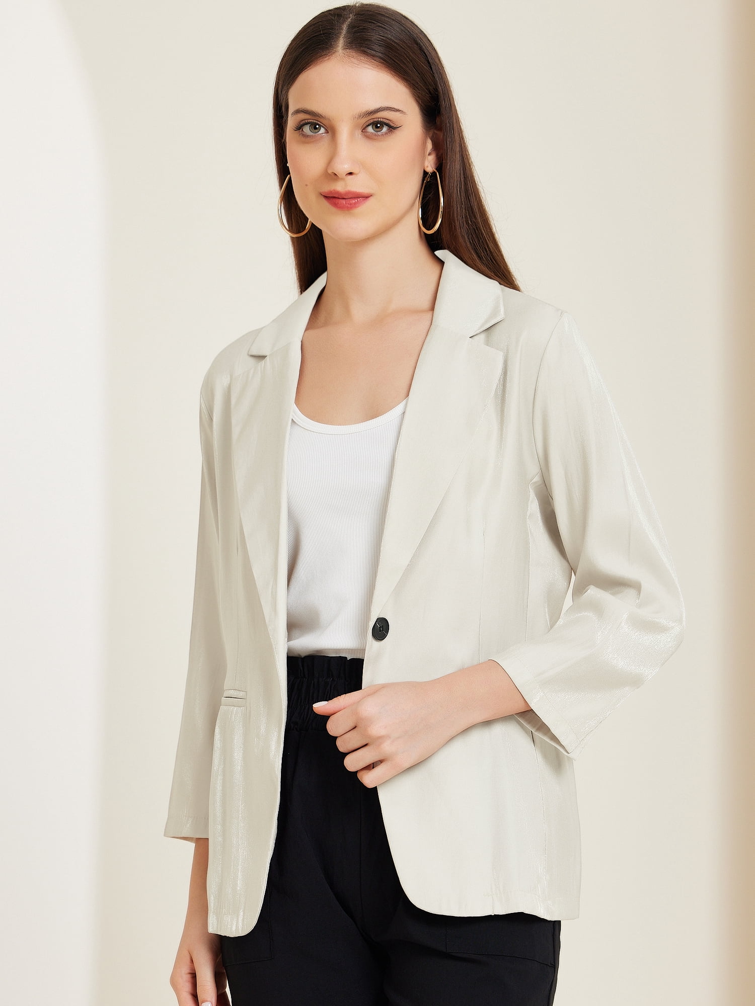 DARING DIVA Women's Open Front Lapel Button Lightweight Blazer Jacket S White