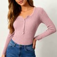 thumbnail image 5 of Women's Long Sleeve Henley Tops Ribbed Knit Slim Fitted Trendy T Shirt Basic Tees Layer 2025 Fall Fashion Outfits Pink XL, 5 of 5