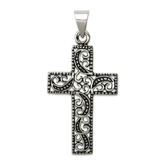 925 Sterling Silver Solid Polished back Oxidized Antiqued Scroll Religious Faith Cross Pendant Necklace 42x21mm Wide Pen