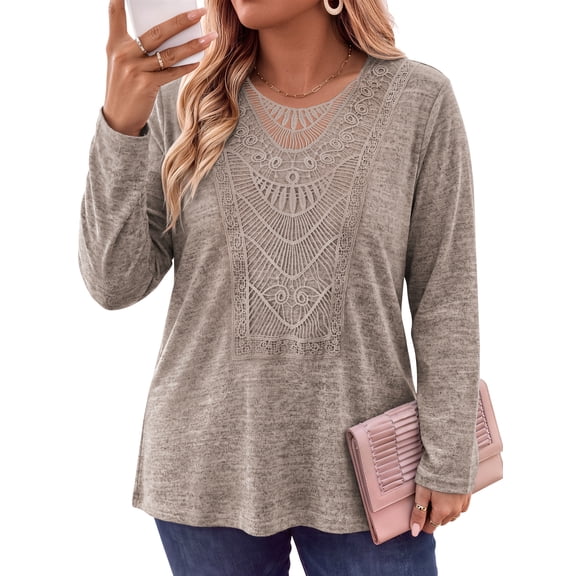 WellSize Lace Long Sleeve Shirts for Women Plus Size V Neck Boho Blouse Casual Tunic Fall Tops 1X-5X