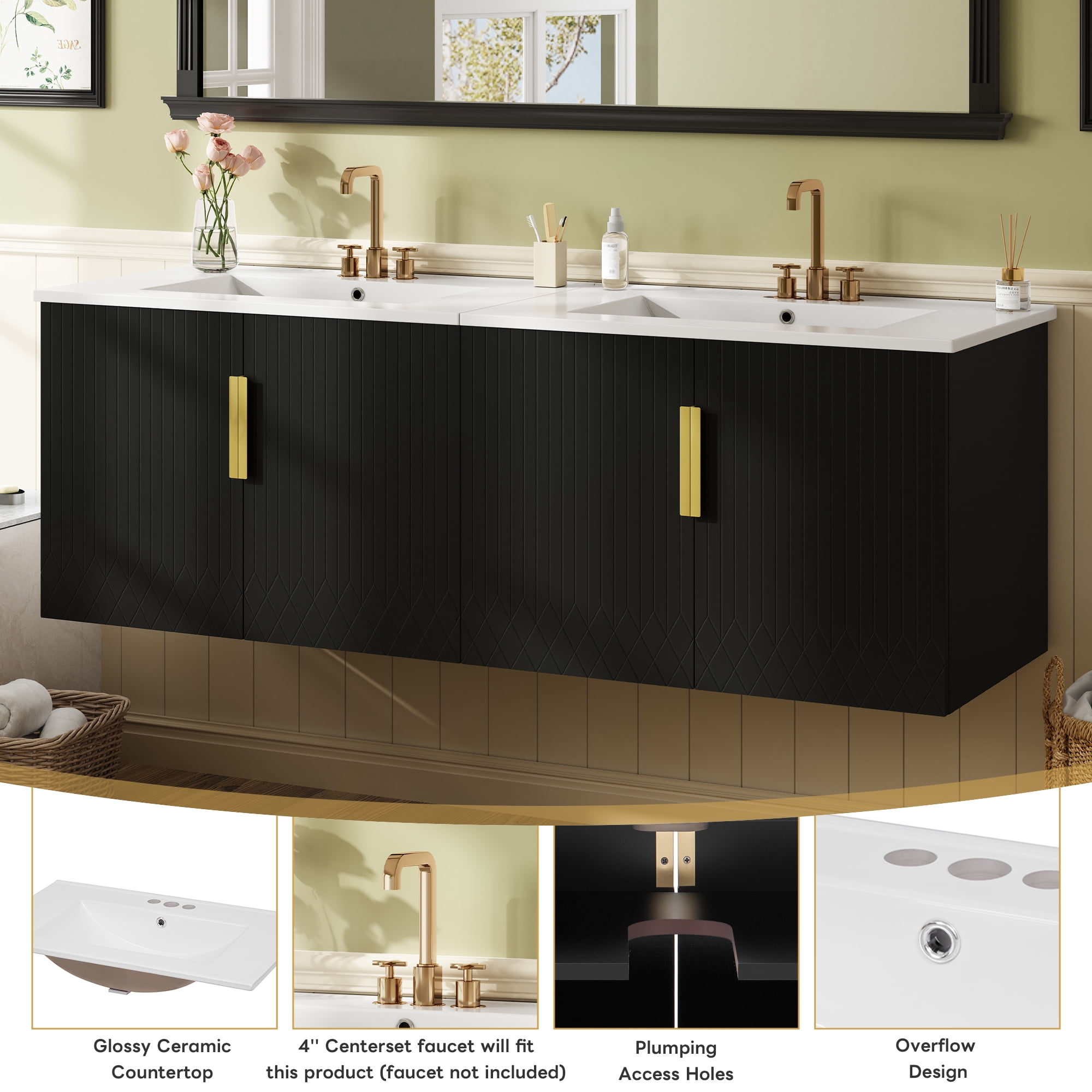 Euroco 60" Vintage Bathroom Vanity with Ceramic Sink, with 3 Holes Single Ceramic Sink, Bathroom Storage Vanity Cabinet with 2 Soft Closing Doors