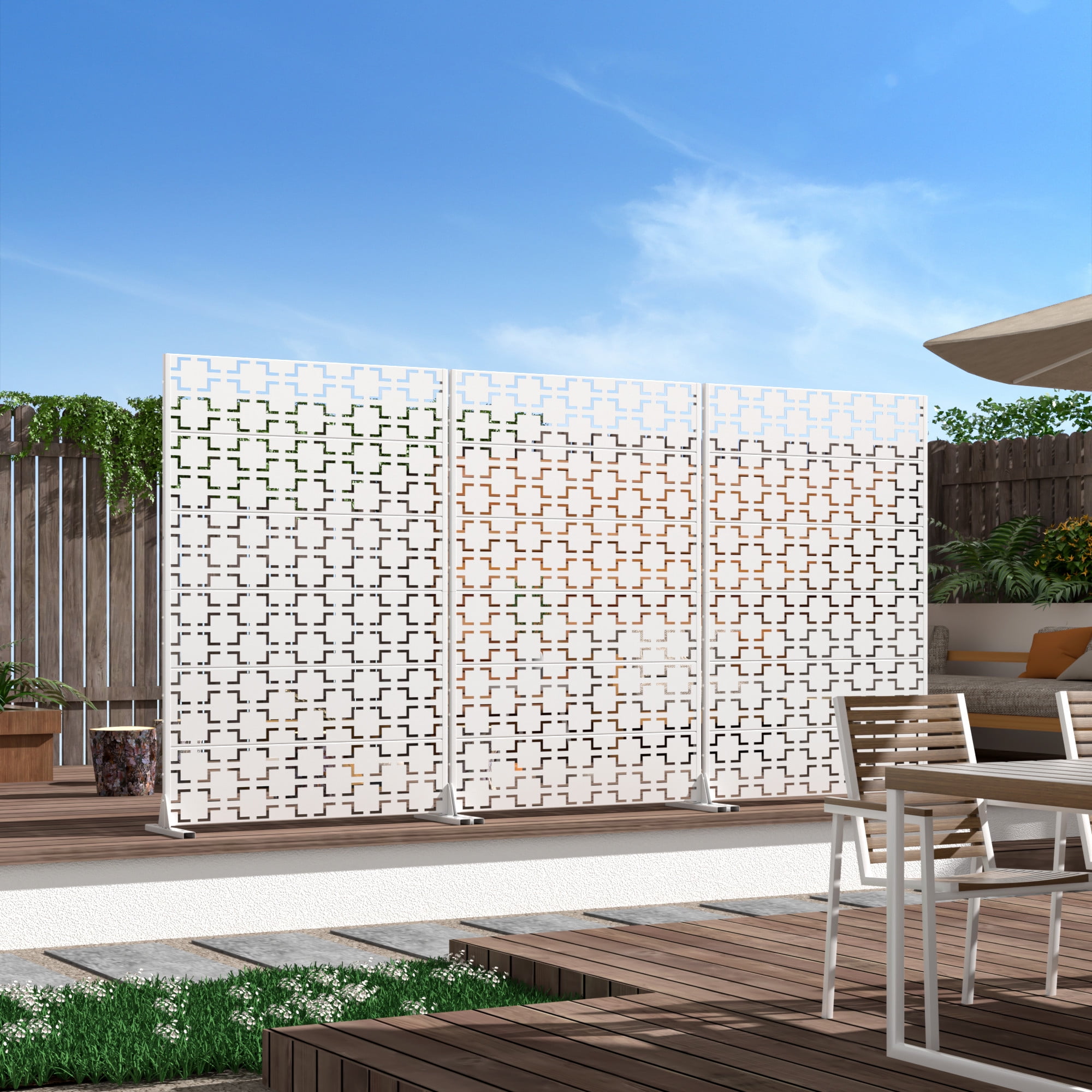 MAYEERTY 72*47" Outdoor White Metal Freestanding Privacy Panel Screen for Patio, Meander Geometric Pattern