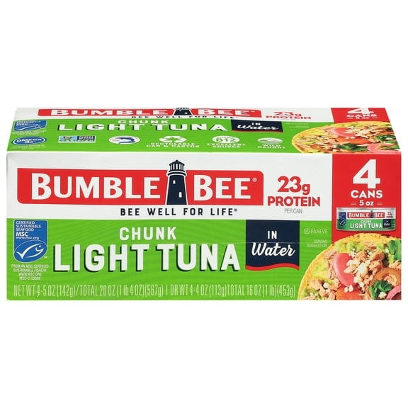 (Pack of 4) Bumble Bee Chunk Light Tuna in Water, Wild Caught, Gluten Free, 23g Protein Per Serving, Shelf Stable Can, 5 oz