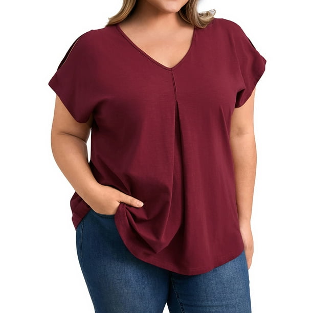 GRACE & GRANDEUR Blusas de Talla Grande para Mujeres con Mangas Cortadas y Cuello en V, Camiseta Casual de Verano 4X en Burdeos Oscuro
