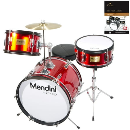 Mendini by Cecilio 16" 3-Piece Kids / Junior Drum Set with Adjustable Throne, Cymbal, Pedal, Drumsticks & Lesson Book, Metallic Red, MJDS-3-BR